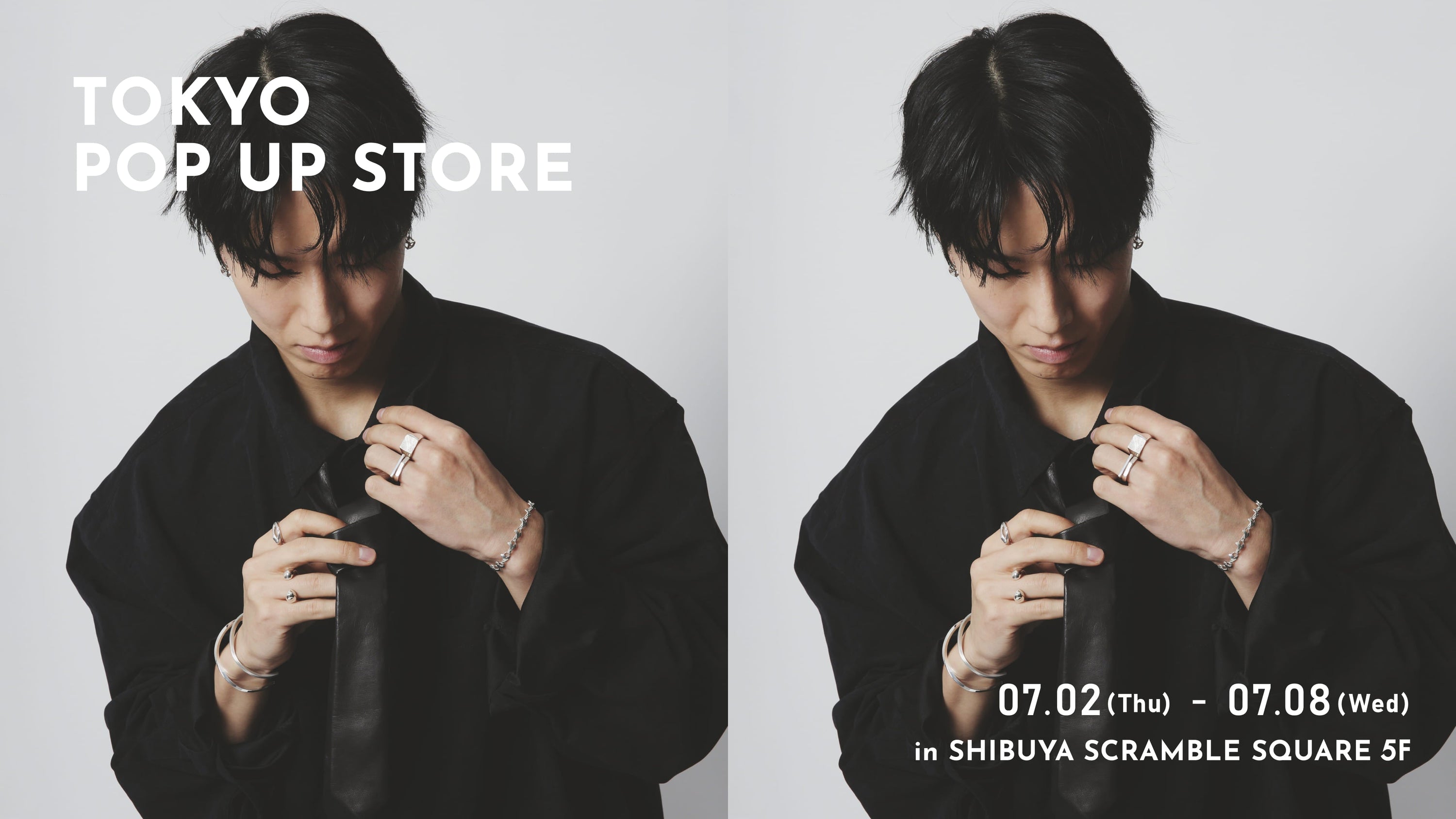 シルバー925のリングやバングル、チェーンブレスレットを着用したモデルによる東京POP UP STORE開催告知ビジュアル。渋谷スクランブルスクエア5階での7月2日～7月8日までの期間限定イベント情報を掲載。