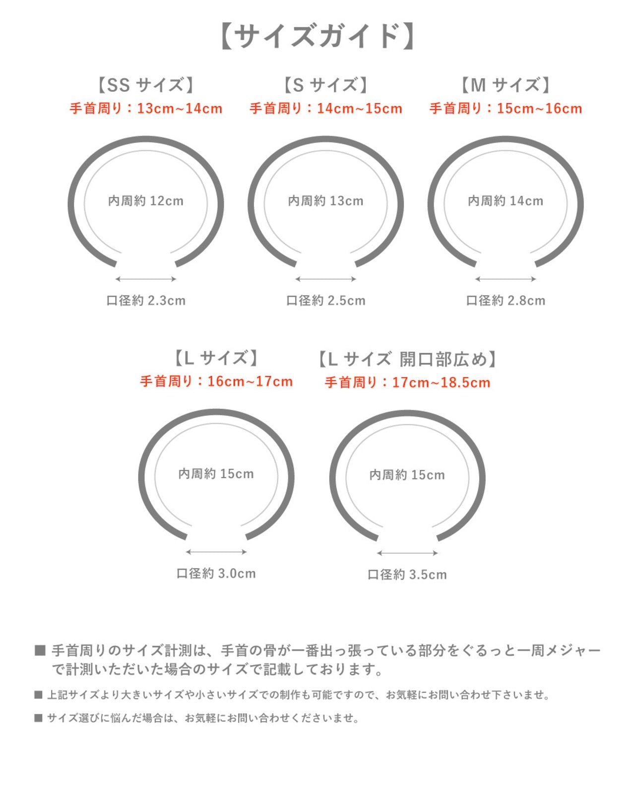 バングルサイズガイド。SSからLサイズ開口部広めまでの手首周りのサイズ範囲、内周、口径を記載した図解。SSサイズは手首周り13cm〜14cm、内周12cm、口径2.3cm。Sサイズは手首周り14cm〜15cm、内周13cm、口径2.5cm。Mサイズは手首周り15cm〜16cm、内周14cm、口径2.8cm。Lサイズは手首周り16cm〜17cm、内周15cm、口径3.0cm。Lサイズ開口部広めは手首周り17cm〜18.5cm、内周15cm、口径3.5cm。